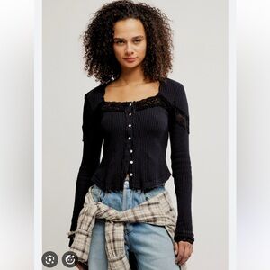 Free People Let's Party Cardi Ivory Lace Trim Waffle Knit Thermal Top